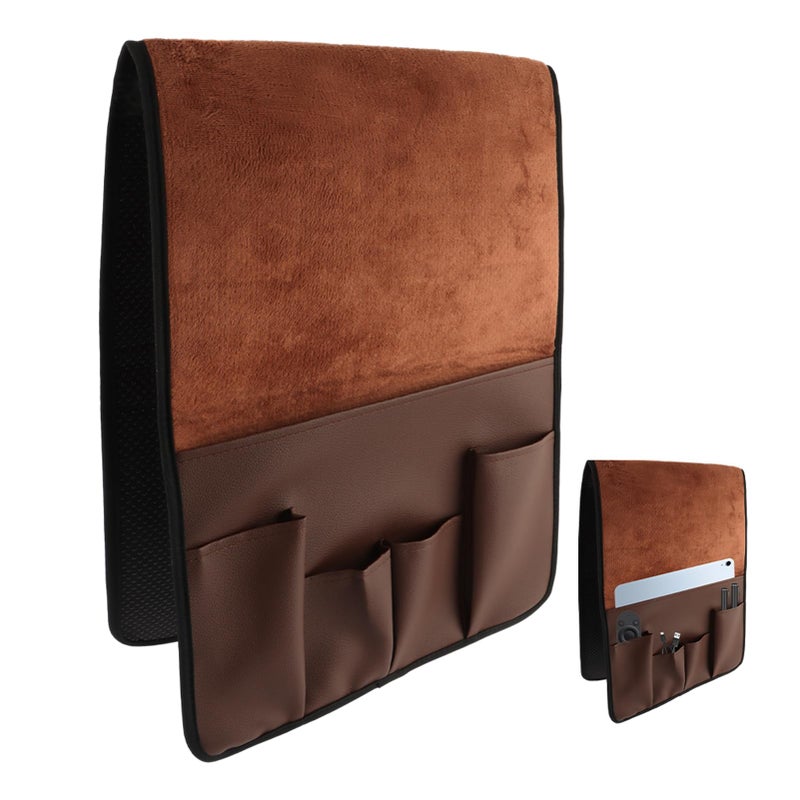 ZEENEEK Anti-Slip PU Leather Velvet Sofa Couch Chair Armrest Soft Caddy Organizer Holder with 5 Pockets for Phone, Book, Magazines, TV Remote Control - Draped Over Sofa, Couch, Recliner Armrest (Brown) - Image 1